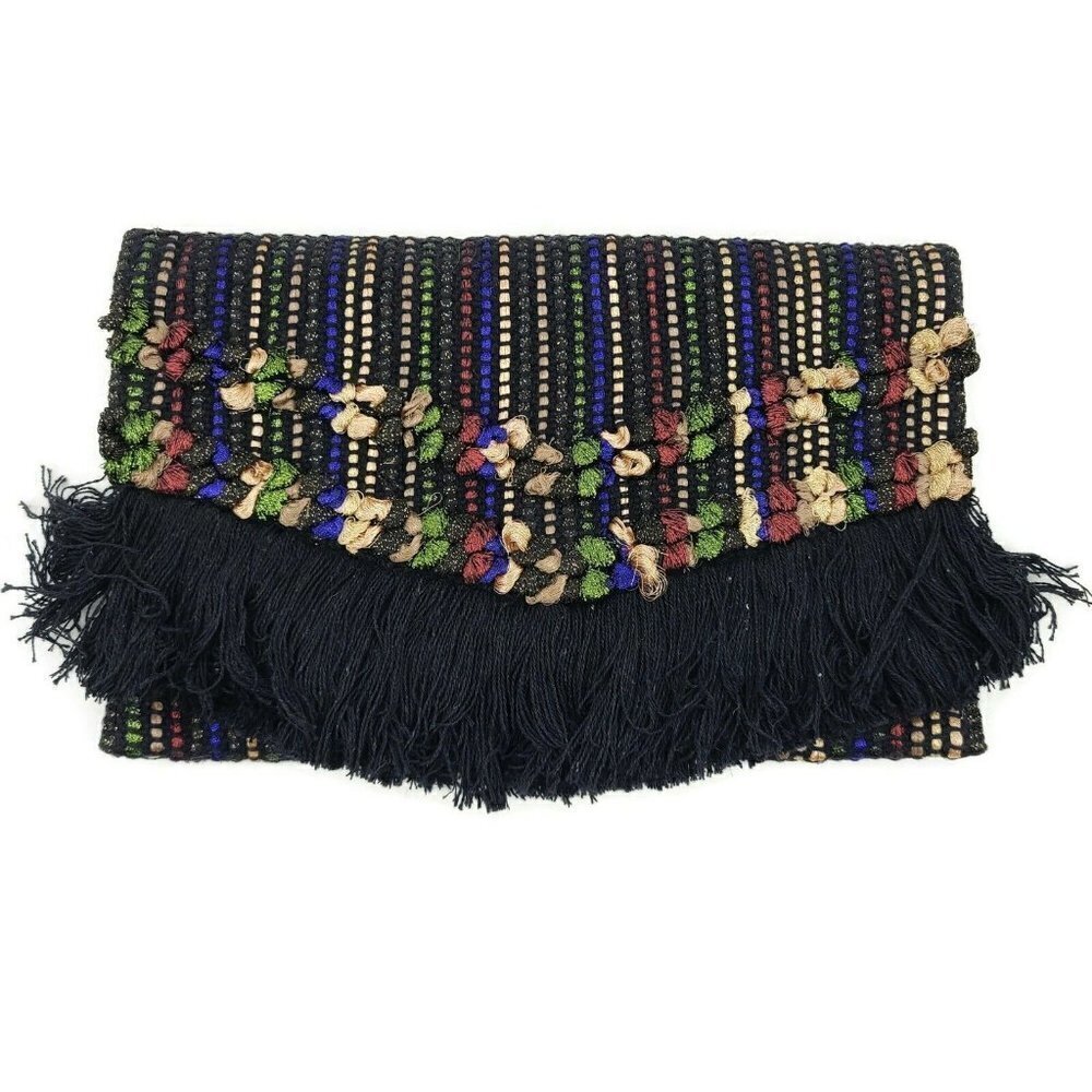 New Stella & Dot Taj Clutch Black Fringe Striped Purse